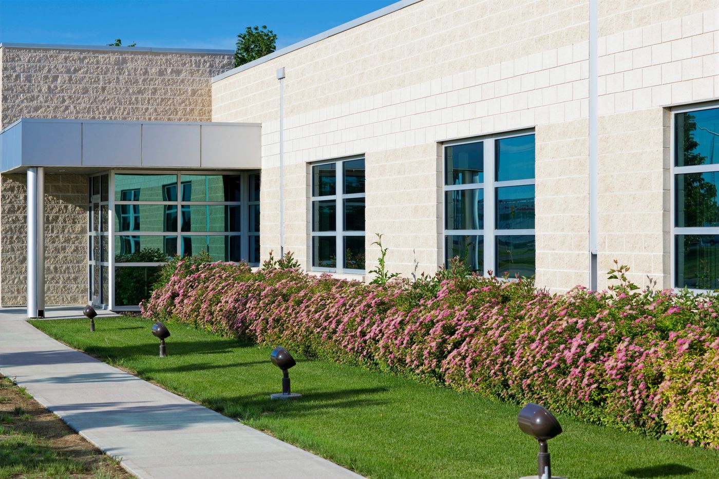 Commercial building with flowering landscape beds